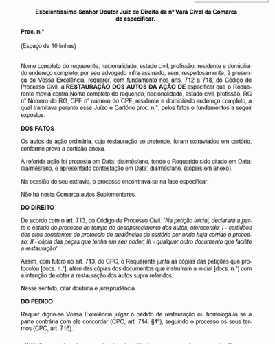 Modelo de Petição Restauração de Autos Desaparecidos - Ação Ordinária - Novo CPC Lei nº 13.105.15