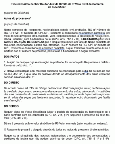 Modelo de Petição Restauração de Autos Desaparecidos - Ação de Despejo - Novo CPC Lei nº 13.105.2015