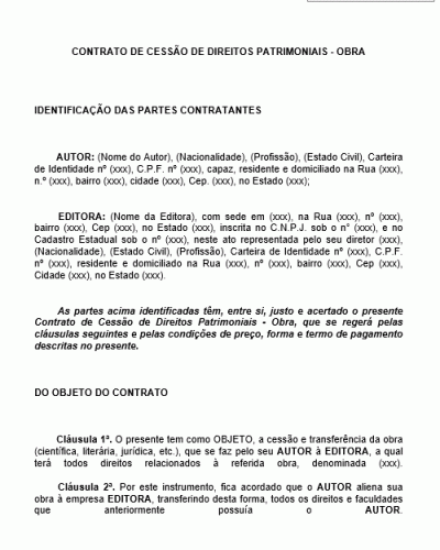 Modelo de Contrato de Cessão de Direitos Patrimoniais - Obra