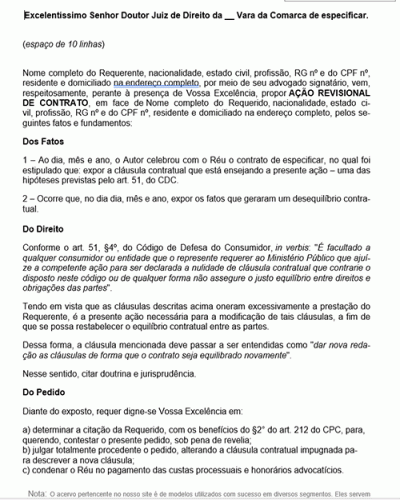 Modelo de Petição Revisional de Contrato - Desequilíbrio Consumidor - Novo CPC Lei nº 13.105.2015