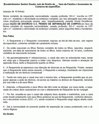 Modelo de Petição Divórcio Litigioso c.c Tutela de Urgência de Separação de Corpos - Novo CPC Lei nº 13.105.2015