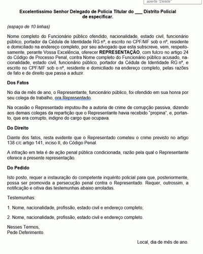 Modelo de Petição Representação - Crime Contra Honra de Funcionário Público