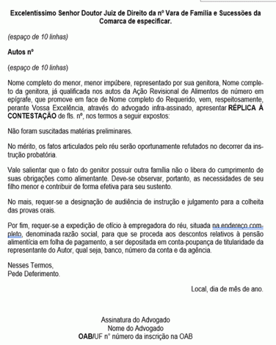 Modelo de Petição Revisional de Alimentos - Réplica - Ofício à Empregadora do Alimentante - Novo CPC Lei nº 13.105.2015
