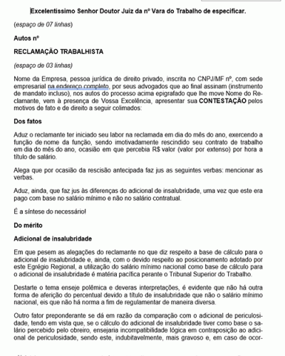 Modelo de Petição Contestação ao Pedido de Adicional de Insalubridade - Salário do Empregado - Salário Mínimo Nacional