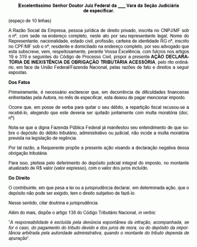 Modelo de Petição Ação Declaratória de Inexistência de Obrigação Tributária Acessória - Novo CPC Lei nº 13.105.2015