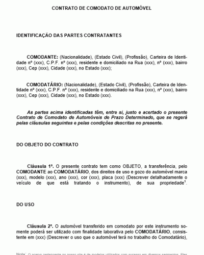 Modelo de Contrato de Comodato de Automóvel e Afins