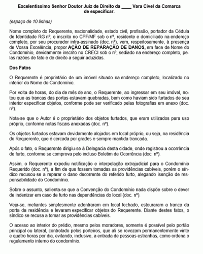 Modelo de Petição Ação de Reparação de Danos - Furto em Condomínio Residencial - Novo CPC Lei nº 13.105.2015