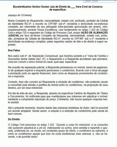 Modelo de Petição Ação de Alienação Judicial - Separação Consensual - Novo CPC Lei nº 13.105.2015