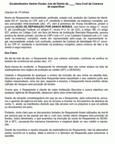 Modelo de Petição Danos Morais - Conta Bancária Aberta por Estelionatário - Novo CPC Lei nº 13.105.2015