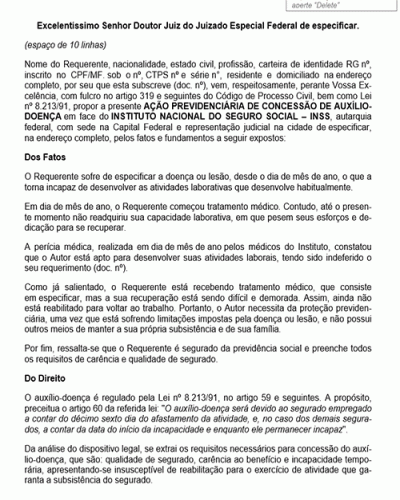 Modelo de Petição Ação Previdenciária de Concessão de Auxílio-doença - Novo CPC Lei nº 13.105.2015