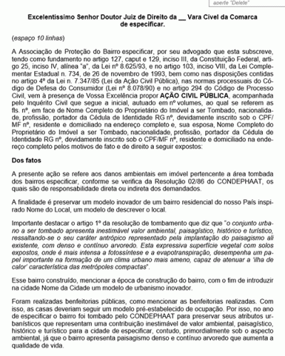 Modelo de Petição Ação Civil Pública para Preservar Área Tombada - Novo CPC Lei nº 13.105.2015