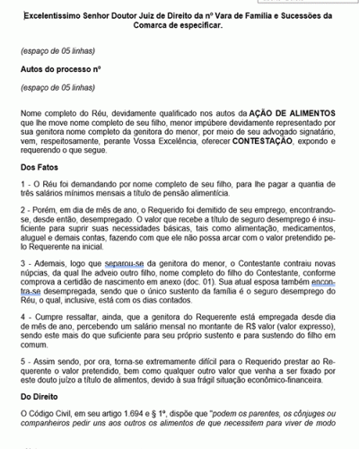 Modelo de Petição Alimentos - Contestação - Novo CPC Lei nº 13.105.2015