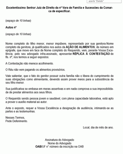 Modelo de Petição Alimentos - Réplica à Contestação - Novo CPC Lei nº 13.105.15