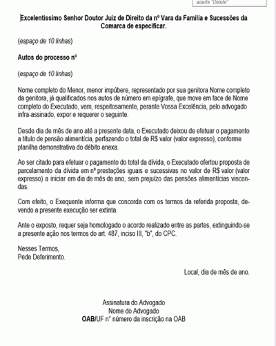 Modelo de Petição Cumprimento de Sentença - Alimentos - Acordo - Novo CPC Lei nº 13.105.15