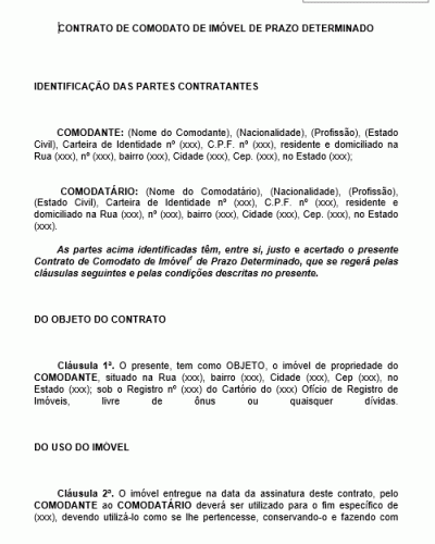 Referência Para Um Contrato De Comodato De Imóvel Casa Galpão Terreno