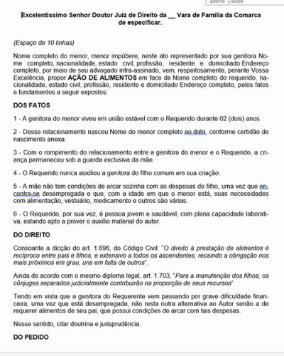 Modelo de Petição Alimentos - Pedido ao Genitor - Conforme novo CPC Lei nº 13.105.15