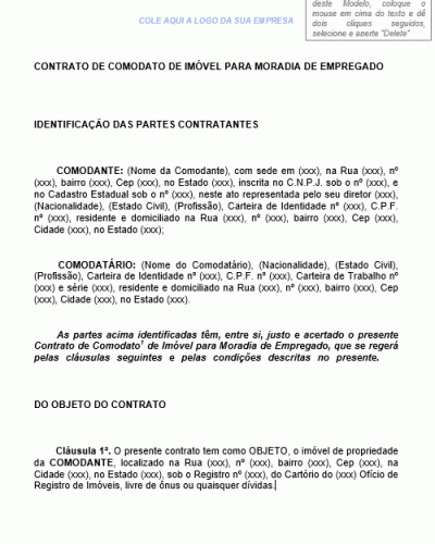 Modelo de Contrato de Comodato de Imóvel para Moradia Empregado - Funcionário