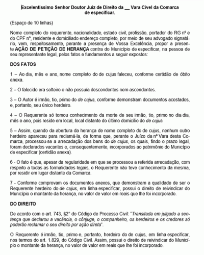 Modelo de Petição de Herança Vacante - Novo CPC Lei nº 13.105.15