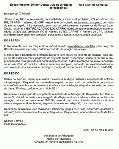 Modelo de Petição Notificação Judicial ao Inquilino