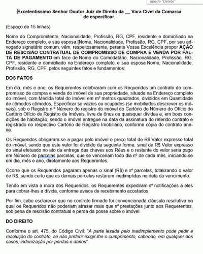 Modelo de Petição Rescisão Contratual de Compromisso de Compra e Venda por Falta de Pagamento c.c Reintegração de Posse - Novo CPC Lei nº 13.105.15