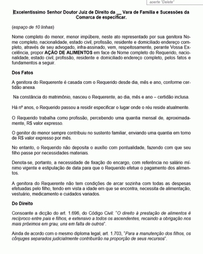 Modelo de Petição Alimentos - Requerido Contribui Informalmente para o Sustento do Menor - Novo CPC Lei nº 13.105.15