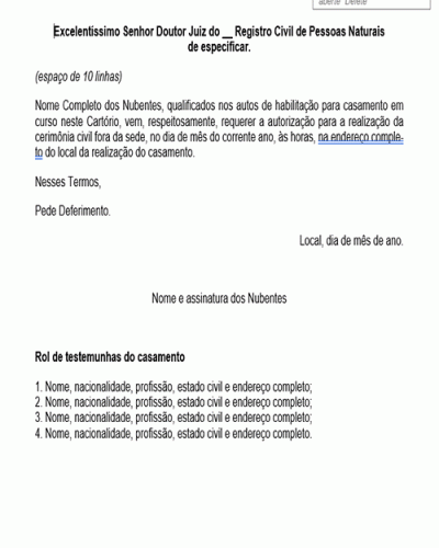 Modelo de Petição Requerimento de Casamento Fora da Sede do Cartório