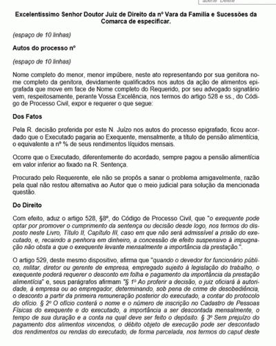 Modelo de Petição Execução de Alimentos - Ofício à Empregadora - Novo CPC Lei nº 13.105.15