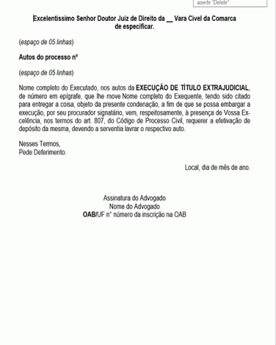 Modelo de Petição Depósito da Coisa Certa para Opor Embargos à Execução - Novo CPC Lei nº 13.105.15