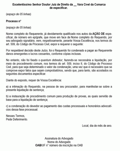 Modelo de Petição Liquidação de Sentença por Procedimento Comum - Novo CPC Lei nº 13.105.15