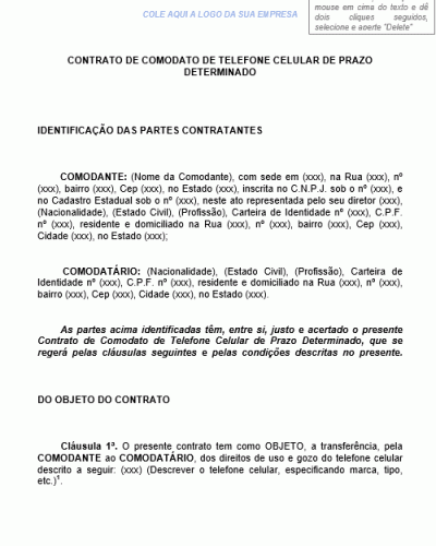 Modelo de Contrato de Comodato de Telefone Móvel - Celular