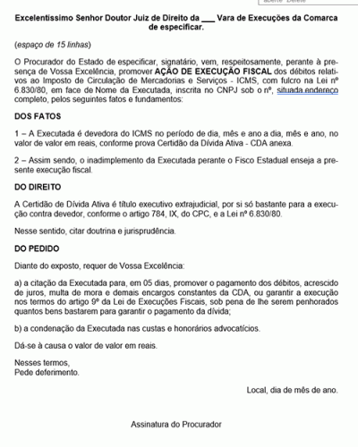 Modelo de Petição Execução Fiscal Movida pelo Estado - Novo CPC Lei nº 13.105.15