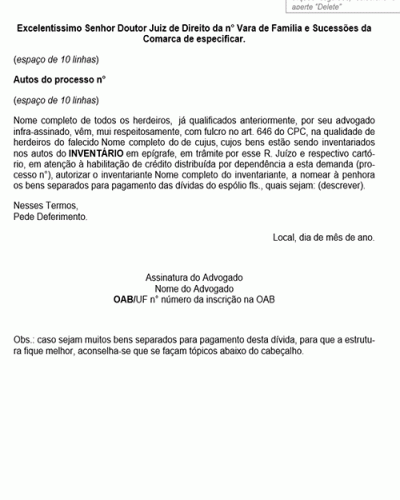 Modelo de Petição Herdeiros Autorizando o Inventariante a Nomear Bens - Novo CPC Lei nº 13.105.15