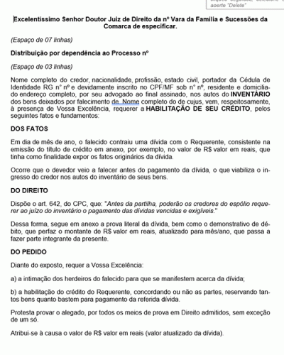 Modelo de Petição Habilitação de Crédito em Inventário - Novo CPC Lei nº 13.105.15