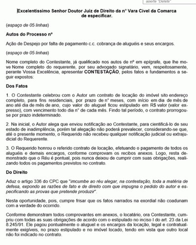 Modelo de Petição Despejo - Contestação - Novo CPC Lei nº 13.105.15