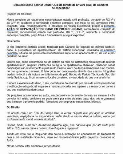 Modelo de Petição Reparação de Dano em Prédio Urbano - Infiltração - Novo CPC Lei nº 13.105.15