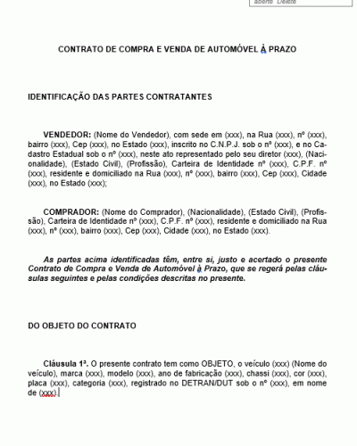 Modelo de Contrato de Compra e Venda de Automóveis Veículo Carro a Prazo