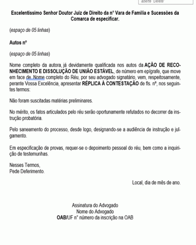 Modelo de Petição Reconhecimento e Dissolução de União Estável - Réplica à Contestação - Novo CPC Lei nº 13.105.2015