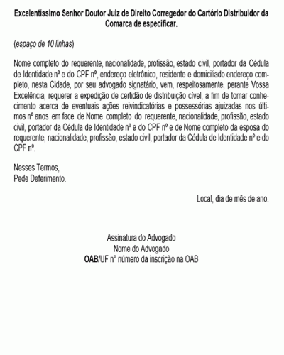 Modelo de Petição Requerimento de Certidão de Distribuição Cível - Novo CPC Lei nº 13.105.2015