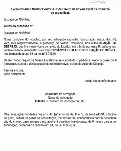 Modelo de Petição Manifestação de Concordância com a Desocupação do Imóvel - Novo CPC Lei nº 13.105.2015