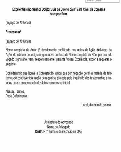 Modelo de Petição Inquirição de Testemunhas - Contestação por Negativa Geral - Novo CPC Lei nº 13.105.2015