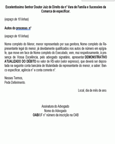 Modelo de Petição Execução de Alimentos - Fornecimento do Valor Atualizado da Dívida - Novo CPC Lei nº 13.105.2015