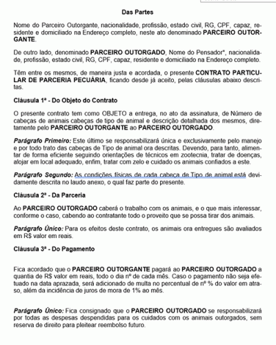 Modelo de Contrato Parceria Pecuária com Obrigação de Restituições de Animais Mortos