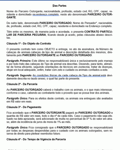 Modelo de Contrato Parceria Pecuária sem Obrigação de Restituições de Animais Mortos