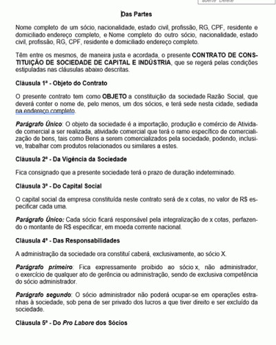 Modelo de Contrato Constituição de Sociedade de Capital e Indústria