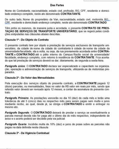 Modelo de Contrato Prestação de Serviço de Transporte Universitário