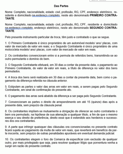 Modelo de Contrato Troca de Carro por Moto