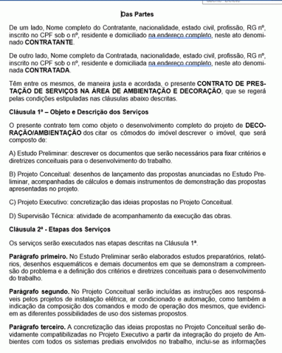 Modelo de Contrato Prestação de Serviços de Ambientação e Decoração