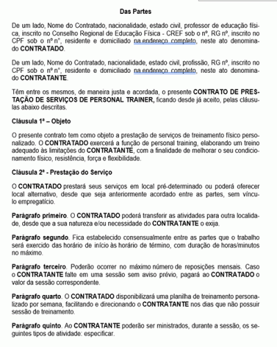 Modelo de Contrato Prestação de Serviço - Personal Trainer II