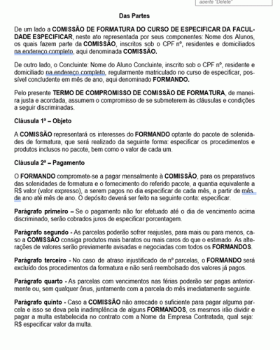 Contrato Padrão Para Termo De Compromisso De Comissão De Formatura