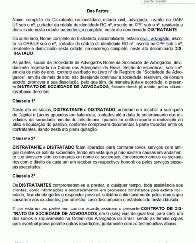 Modelo de Contrato Distrato de Sociedade de Advogados